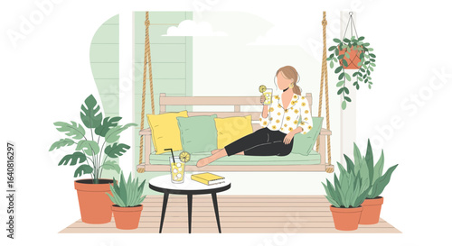 Woman Relaxing On a Swing Porch With Drink And Plants In Summer Season