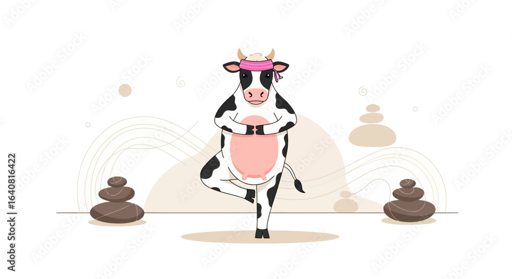 Naklejka premium Whimsical Cow in Tree Pose: A Funny Cartoon Illustration of a Meditating Dairy Animal