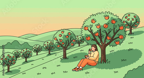 Woman Resting Underneath Fruit Trees At The Orchard Enjoying Harvest Time