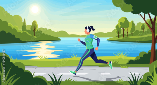 Woman running in nature, enjoying healthy lifestyle with idyllic landscape view