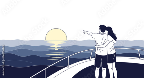 Romantic getaway on a yacht at sunset with a couple embracing the serene view of the sea
