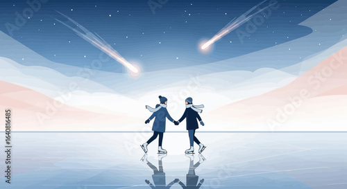 Romantic ice skating under shooting stars in winter illustration with couple holding hands under starry sky for winter season