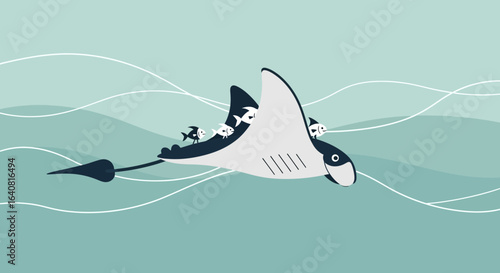 Stylized manta ray swimming with fish in a serene blue ocean illustration