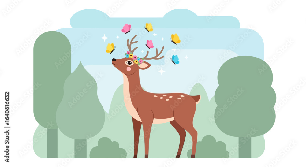Fototapeta premium Whimsical Deer With Butterflies And Floral Crown In Woodland Scene