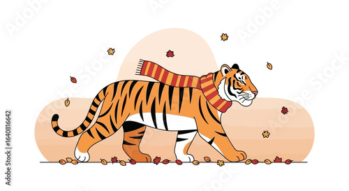 Stylized tiger wearing a scarf in an autumnal scene illustration with falling leaves creating a cozy and playful vibe