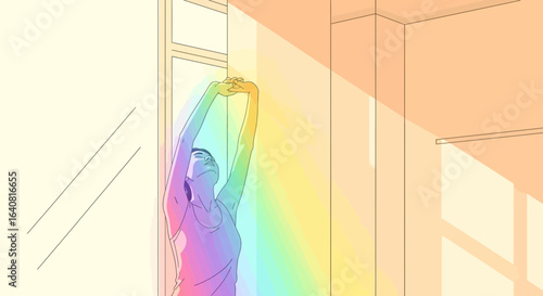 Woman stretching in sunlit room with vibrant rainbow light effect illustration