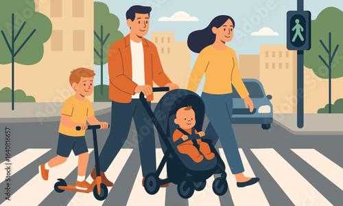 Flat vector of parents with two children, baby stroller, and scooter crossing street at green light in city. Ideal for family lifestyle, safety, and urban design projects.