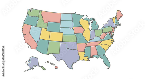 United States map with pastel state colors, editable vector illustration of USA political boundaries, colorful blank state map for education, travel, marketing, infographics and presentations