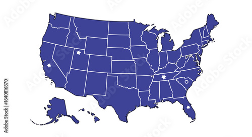 United States map with state borders and three location stars, blue US map illustration for presentations, marketing, infographics, regional analysis, logistics planning and education