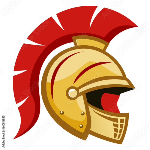 A golden Roman or Greek centurion helmet with a distinctive red mohawk-style crest, no background vector file.