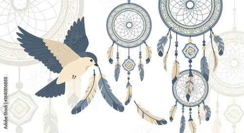 Whimsical Dreamcatchers With Flying Bird Carrying Feathers Illustration Design
