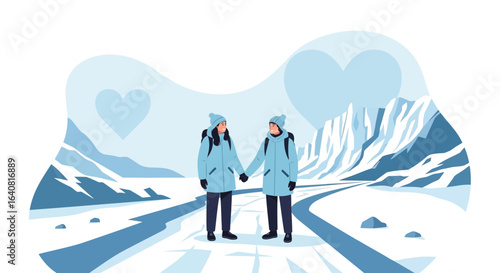 Romantic winter adventure: Couple holding hands in a snowy landscape mountains backdrop