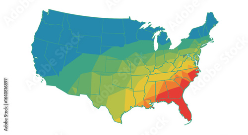 United States temperature gradient map illustration with color-coded climate zones showing cooler Northwest to hot Southeast, USA heat distribution visualization for weather, energy and travel