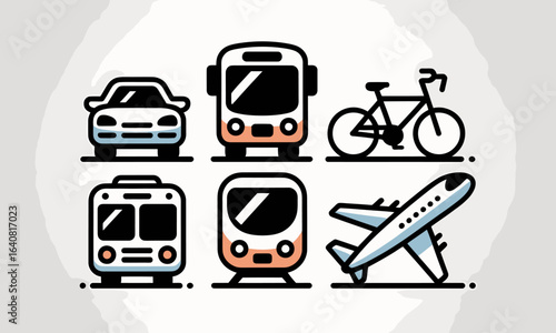Vector transport icon set featuring car, city bus, bicycle, tram, commuter train and airplane in flat outlined style with soft gradient fills for transit apps, urban mobility and travel signage