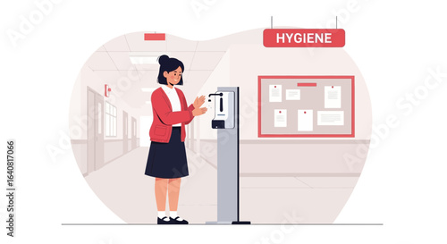 Woman uses a hand sanitizer dispenser in a public area emphasizing health practices and hygiene in the current pandemic era