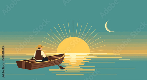 Rowing Toward Sunset Serenity Vector Illustration in Teal and Gold Palette