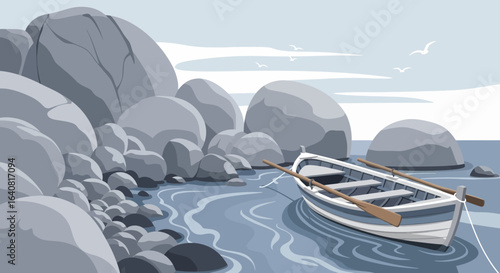 Rowboat resting near rocky shore vector illustration in soft blue tones perfect for serene backgrounds