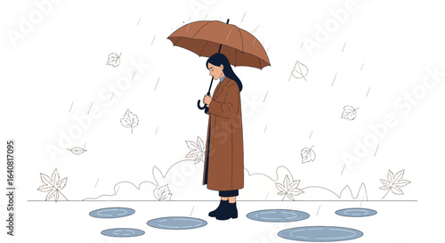 Woman Under Umbrella In Autumnal Rainy Weather Illustration Drawing