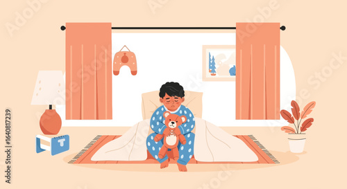 Sad little boy with teddy bear illustration depicting childhood loneliness and emotional distress in bedroom