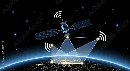 Satellite Global Communication Network Connecting Earth With Signal Beams in Space