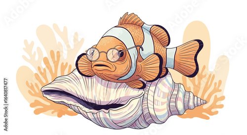 Whimsical Illustration of a Clownfish with Glasses Resting on a Seashell art
