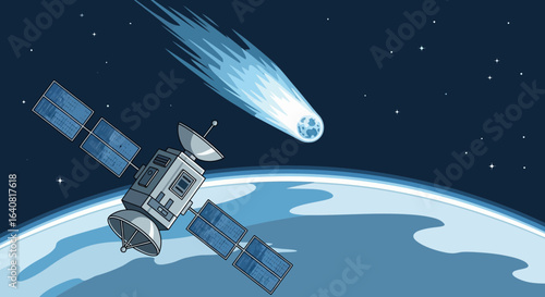 Satellite Orbiting Planet With Approaching Comet Space Exploration Concept