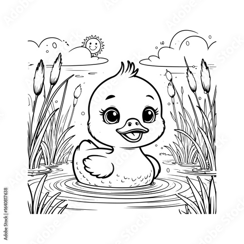 The exuberance of a little duckling in an aquatic environment: Floating in the calm waters of a pond, the immense beauty of nature is revealed in its sweet smile and curious eyes.