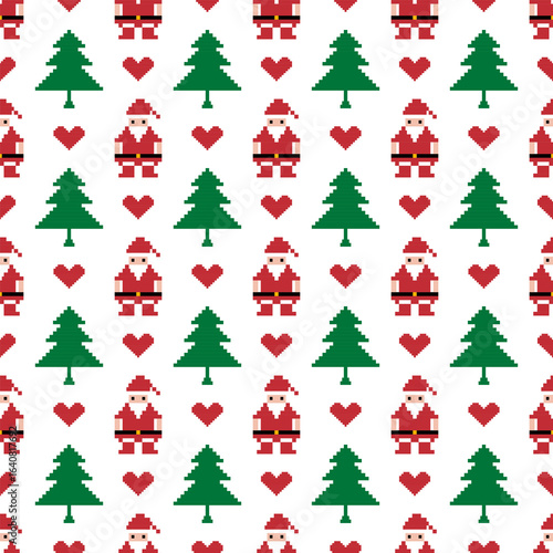 Pixel merry christmas tree santa claus stocking heart snowflake holly red green white celebrate festival december seamless pattern vector illustration