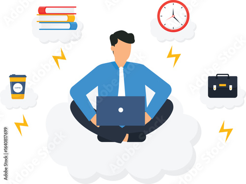 Cloud Workspace Concept: Man with Laptop, Books, Coffee, Briefcase, and Clock,blue books, black briefcase, business concept, time management, work process, bright office, flat design, graphic design, 