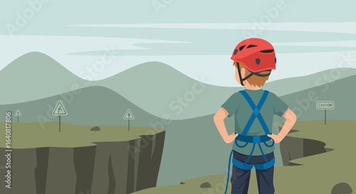 Young Adventurer Contemplating The Cliff Edge With Safety Gear And Mountains