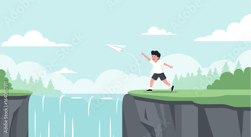 Young Adventurer Launching Paper Airplane From Cliff Top With Waterfall View
