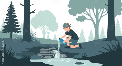 Young adventurer filling water bottle from pristine forest stream illustration