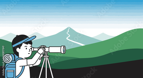 Young Adventurer Planning His Next Hike Using A Telescope In Mountain Scenery