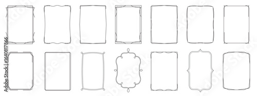 Set of simple minimal line frames with double stroke, editable thickness. Vertical blank templates for text, greeting, or wedding designs.