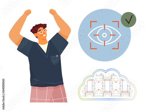 Man raising arms in excitement, eye recognition icon with checkmark, and cloud outline with circuits. Ideal for success, innovation, technology, AI, achievement data progress. Simple flat metaphor