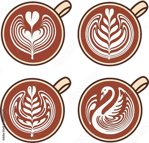 Four Coffee Cups With Latte Art Designs Including Swan And Hearts vector illustration