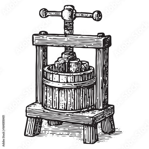 Vintage Wine Press Illustration: Traditional Winemaking Tool for Grape Crushing