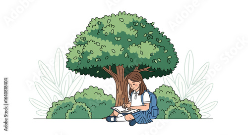 Schoolgirl Under Tree Studying Notebook Outdoors Educational Illustration