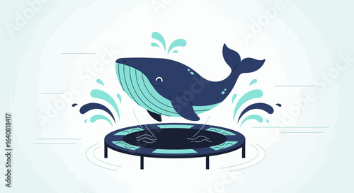 Whimsical Whale Bouncing on a Trampoline Playful Marine Mammal Illustration