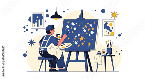 Young Artist Painting Starry Night Scene In Her Studio With Creative Atmosphere