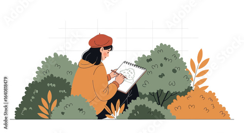 Young Artist Sketching Nature In A Bush Creative Outdoors Drawing Illustration