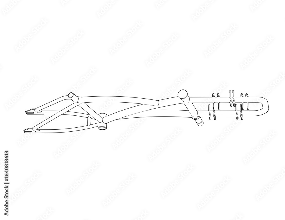 Fototapeta premium Engineering Blueprint: Simple Line Art Wireframe of a Tilting Tricycle Frame. Mechanical Design for a Future Cargo Bike Chassis, Sustainable Urban Transport Solution.