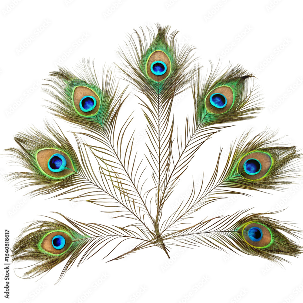 Obraz premium Arrangement of peacock feathers isolated on transparent background 