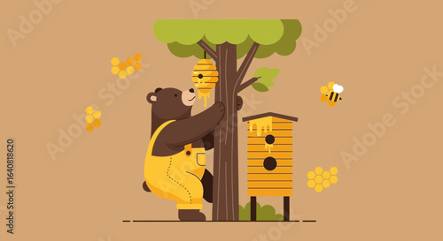 Sweet Harvest Bear Captures Honeycomb From Tree At Bee Farm Illustration
