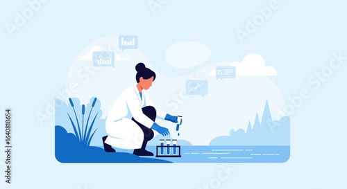 Scientist analyzing water sample in nature for environmental research and conservation efforts