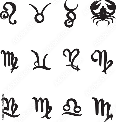 Collection of Twelve Black Zodiac Symbols with Brushstroke Style on White Background astrology horoscope