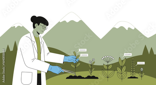 Scientist examining plants in nature with mountains background for scientific research and biotechnology advancements in agriculture