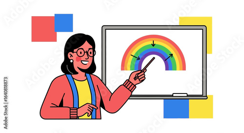 Teacher Explains Rainbow Formation with Arrows Pointing Downward During the Class
