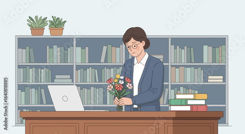 Teacher Holding Bouquet In A Classroom Bookshelf Background In Office With Laptop