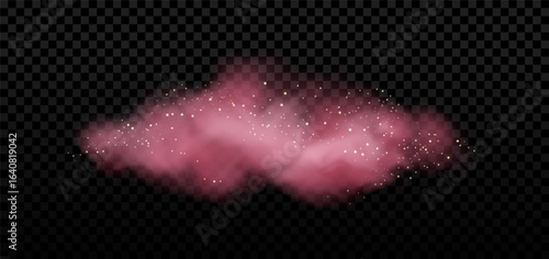 Magic pink cloud with glitter. Rose smoke and gold stars with transparent effect.